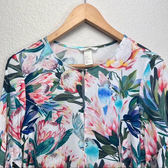 H&M Womens Dress Size 4 White Floral Ruffle Sleeve Viscose Tropical - Picture 3 of 8